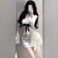 Hnewly DRESS TO IMPRESS Y2K Lace Bodycon Mini Dresses for Women Slash Neck Flare Sleeve A-line Birthday Party Short Train Dress Korean Fashion Vestidos