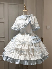 Hnewly Blue White Sweet Lolita JSK Doll Dress Women Cute Bow Ruffles Hit Song Party Princess Dress Suit with Kawaii Short Cloak