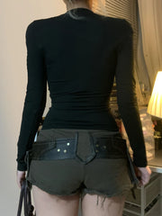 Hnewly rave inspo outfits Darkly Punk Cothic Women Long Sleeve T-Shirt Patchwork Chic Fabric Cut Out O-Neck Top Tees Slim Sexy Solid Tops