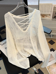 Hnewly Black White Striped Ice Silk Knitted Sweater Women Long Sleeved Loose Lazy Style Mesh Pullover Spicy Girl Hollow Out Top