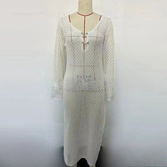 Hnewly Sexy Women White Long Knit Sleeve Bikin Fashion Cover Up Female See-Through Deep V-Neck Hollow-Out Beach Knitwear Backless Dress