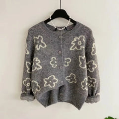 Hnewly Cute Floral Knitted Cardigan for Women Cozy O-neck Button Front Sweater Jacket Teen-girl Fall Winter Korean Fashion Outfit