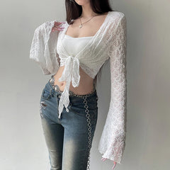 Hnewly Streetwear y2k Lace Smock T-shirt Solid White Flared Full Sleeve Bandage Cardigan Crop Top Women Vintage 2000s Tees Shirt