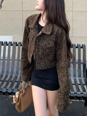 Hnewly Y2K Cropped Leopard Denim Jacket Women Vintage Streetwear Long Sleeve Slim Short Coat American Harajuku Female Hip Hop Tops