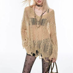 Hnewly Distressed Sweater for Women See-through Openwork Knit Long Sleeve V-Neck Ripped Pullovers Teen-girl Y2K Grunge Outfit