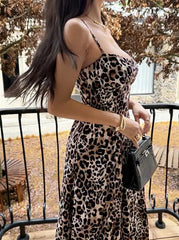 Hnewly Women's Elegant Suspender Print Long Skirt Dress, Leopard Print Maxi Dress with Sweetheart Neckline