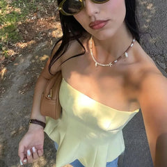 Hnewly KONDALA Sexy Butter Yellow Cami Ruffles Tube Top Women Fashion Summer Strapless Y2K Girl Streetwear Tops Holiday Party Tops