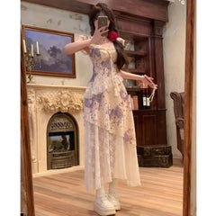 Hnewly Summer Off Shouler Camisole Dress For Women Short Sleeve Patchwork Floral Lace Ruffles Dress Irregular Fairy Long Party Dress