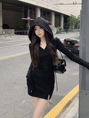 Hnewly Spring Autumn Fashion New Korean Style Soft Girl Tight Sexy Wrapped Hip Skirt Women's Hooded Long Sleeved Solid Color Dress