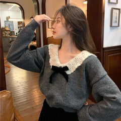 Hnewly Korean Style Sweaters Women Kawaii Sweet Elegant Knited Pullovers Grey Bow Vintage Patchwork Autumn Winter Sweaters