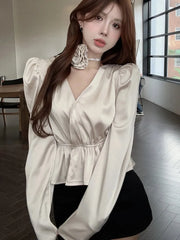 Hnewly 3D Floral Satin Shirt Women Long Sleeve Elegant Vintage Blouse Korean Casual Sexy V Neck Slim Female Champagne Tops Spring