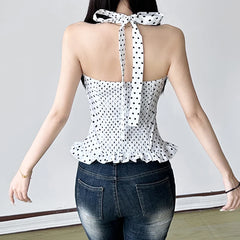 Hnewly Sweet Polka Dot Tank Top Elegant Cute Sleeveless Lace-up Halter Cropped Top for Women Summer Holiday Tees Korean Fashion