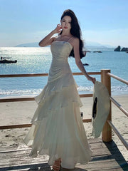 Hnewly Summer Spaghetti Strap Elegant Chic Women's Long Dress Slim A-Line Pleated Party Prom Dresses French Sling New Mujer Vestidos