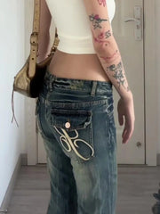 Hnewly Woman American Style Jeans Aesthetics Denim Kpop Pants Gyaru Trousers High Street Bell Pockets Bottoms Zipper Low Waist