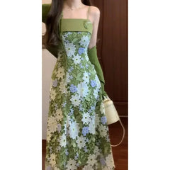 Hnewly Mint Jasmine French Romantic Lace Hollow out Green Strap Dress Air Conditioned Summer Sleeveless Floor Length Square Collar