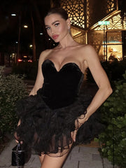 Hnewly Cutenew Stacked Mesh Women Mini Dress Sexy Solid Wrapped Chest A-line Princess Style Bodycon Girls Hipster Attractive Party Robe