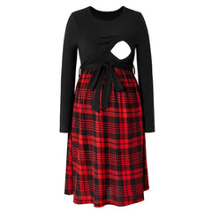 Hnewly Maternity Dress Pregnancy & Nursing Clothes Leisure Comfort Long Sleeve O-Neck Red Black Checkered for Pregnant Women