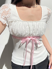 Hnewly Sweet Y2K Ruched Square Collar Lace Sleeve White T Shirt Women Pink Bow Cute Kawaii Balletcore Clothes