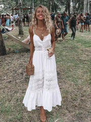 Hnewly Summer Boho Long Dress Women Sleeveless Lace Pleated Beach White Dress for Evening Party Casual Dresses Vestidos Fashion