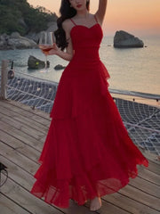 Hnewly Summer Red Womens Dresses Elegant Spaghetti Strap Sleeveless Ruffles Birthday Party Long Dress Holiday Prom A-Line Vestidos New