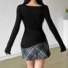 Hnewly spring birthday outfit y2k Aesthetic Tops Women Clothing Solid Color 3D Flower V Neck Long Sleeve Asymmetrical Hem T Shirts 2000s Streetwear