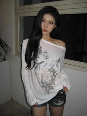 Hnewly Korean Fashion Graphic Tees Women Transparent Vintage Gothic T Shirt Long Sleeve Loose Punk T-shirt Streetwear Tops