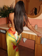 Hnewly Floral Print Sexy Lace-Up Backless Dress Women Ruched Swing Collar Sleeveless Robe Vacation Trend Beach Party Outfits