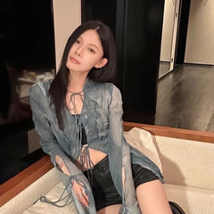 Hnewly Y2k Vintage Denim Blue Print Shirts Women Summer Hollow Out Slim Fit Blouses 2025 Fashion New Long Sleeve Blusas Mujer