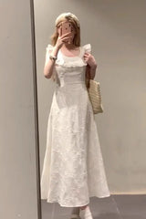 Hnewly Elegant High Waist A-Line Dress Women's Summer Tea Break Slimming Gauze Hem Student Friendly Polyester Fiber All Seasons