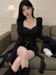 Hnewly Slim Cropped Ruffles T Shirt Women Long Sleeve Streetwear Retro Tops Casual Sexy Square Collar Female Korean Irregular Tees