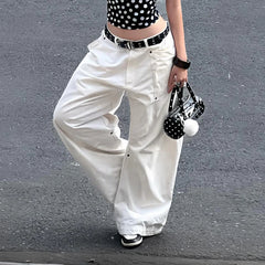 Hnewly White Streetwear Wide-Leg Jeans For Women Chic Y2k Low Waist Denim Pants Harajuku All match Loose-Fit Trousers Casual