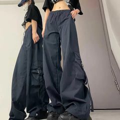 Hnewly American Drawstring Hiphop Cargo Pants Women Loose Lazy Jazz Dance Big Pocket Trousers High Waist Solid Streetwear Wide Leg Pant