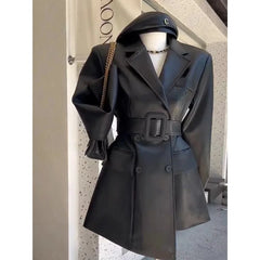 Hnewly Retro Coffee Color Lace Up Pu Leather Jacket For Women's Autumn New Luxury Slim Blazer Fashion Irregular All-Matched Winter Coat