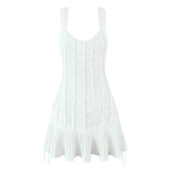 Lunivop Sweet Girl O Neck Sleeveless White Tank Mini Dress Women Side Bandage Pleated Hem Casual Holiday Summer Dresses Short Robe