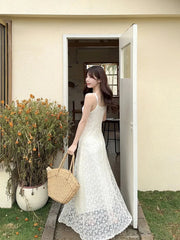 Hnewly Vintage Embroidered Women Camis Dress Korean Chic Spaghetti Straps Midi Dress Y2K Ladies Elegant Beach Party A Line Dress