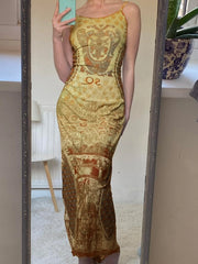 Hnewly DRESS TO IMPRESS Vintage Printed Straight Dress Slim Slash Neck Sleeveless Maxi Dresses For Women 2024 Summer Fashion Streetwear Ladies