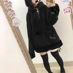 Hnewly Y2k Fashion Black Cat Plaid Patchwork Jackets Autumn New Thicked Warm Tops Mujer Y2k Loose Long Sleeve Zipper Tops Mujer