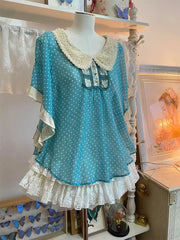 Hnewly Vintage Doll Collar Polka Dot Short Sleeve Women's Summer Top And Lace Skirt Set Fashionable Retro Style Midi Dress