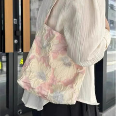 Hnewly Retro Oil Painting Tulip Shoulder Bag Women Floral Crinkled Large Capacity Canvas Bag Ladies Artistic Elegant Underarm Bags