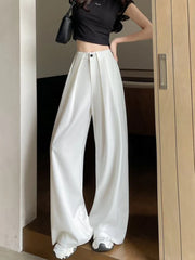 Hnewly White Suit Pants for Women Elegant Office Front Pleated Dress Pants Fashion Wide Leg Straight Black Formal Trousers