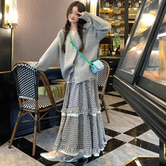 Hnewly Kawaii Harajuku Plaid Skirt Women Preppy Style Sweet Long Skirts Retro Lace Patchwork A-line Ruffle Skirts Streetwear