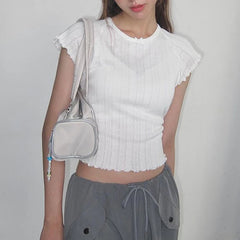 Hnewly y2k White Short Sleeve Cropped Top Sweet Ruched O Neck Skinny T Shirts Sexy Hollow Out See Through Women T-shirt Vintage
