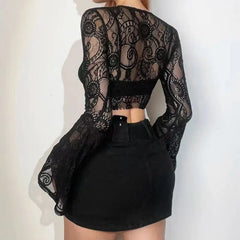Hnewly Sexy See Through Mesh Women Blouse Fashion Gothic V Neck Flare Sleeve Sunscreen Cardigan Y2K Summer Hot Girls Lace Crop Tops