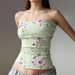 Hnewly Retro Cute Floral Print Tube Top Women Casual Kawaii Skinny Crop Tops for Summer Holiday Vintage 2000s Tee Aesthetic Lady