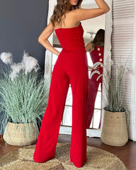 Asymmetrical Bandeau Strapless Jumpsuit Metal Button Decor Casual Overalls