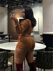 Hnewly Cutenew Hipster Flocking 2-Piece Set Women Chic Button Zip Full Sleeve Jacket+Pocket Shorts Matching Hottie Punk Club Streetwear