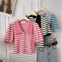 Hnewly Korean Contrast Stripe T-shirt Cardigan 2025 New Summer Women's Commuting Fashion Buttons Lapel Shirt Slim Versatile Top Trend