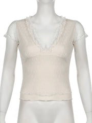 Hnewly Sweet Cute Lace Trim Mesh T Shirt Sexy Slim Deep V-Neck Short Sleeve Tees Women 2024 Summer Fashion Streetwear Ladies