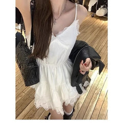 Hnewly Irregular Lace Patchwork Camisole Dresses 2025 Summer New V-neck Dress for Women Y2k E-Girl Slim Waist Ruched Vestidos Mujer