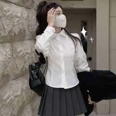 Hnewly Preppy Style White Shirts Women Hotsweet Spring Back Bandage Solid Korean Fashion Temperament All-match Sexy Casual Minimalist